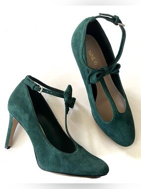Nine West Emerald Green Suede T-Strap Bow Heels Size 6.5M